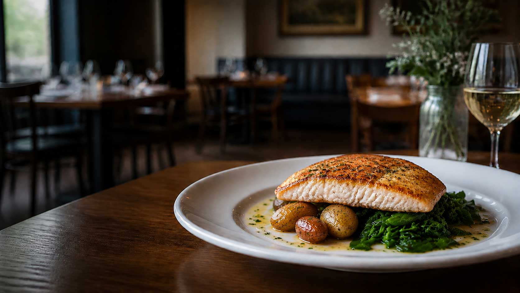 Pan-seared fish with roasted potatoes in a warm bistro dining room
