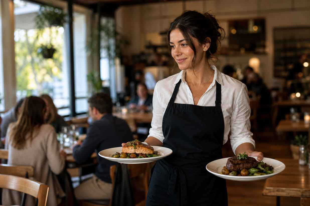A server carrying dinner plates through Oliver's Bistro